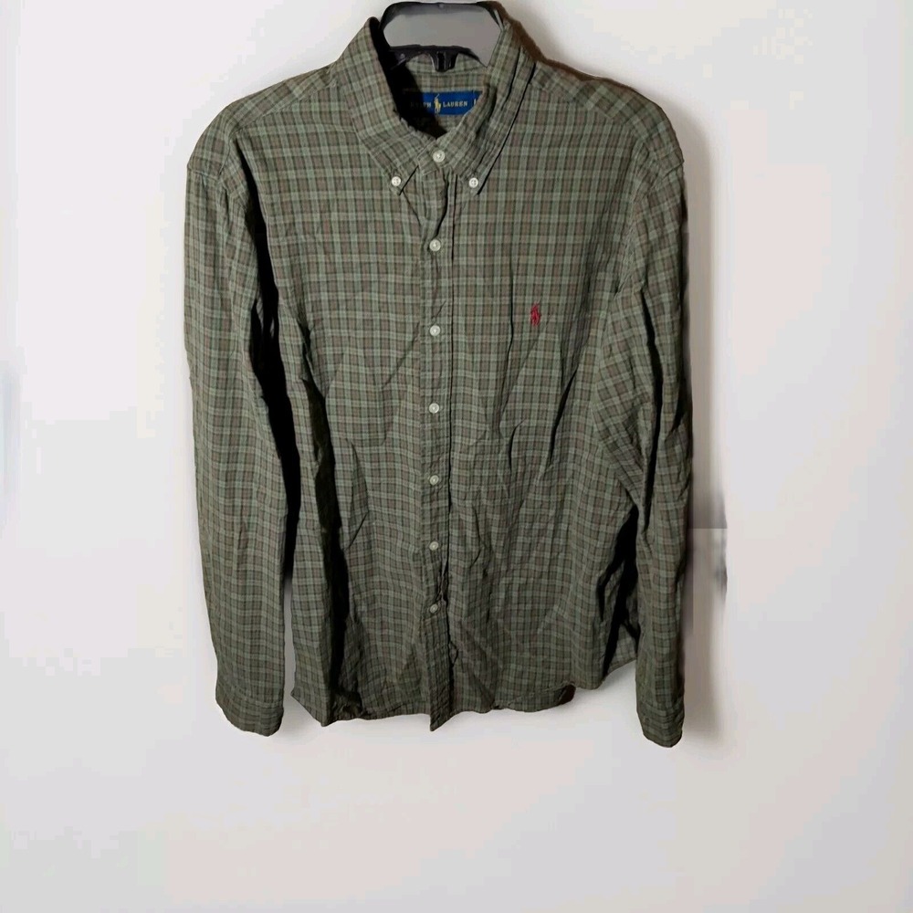 Ralph Lauren Button Down Shirt Green Men's‎ Large Blue Label Long Sleeve Check